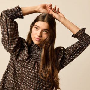 Blusa manga abullonada cuadros marrón